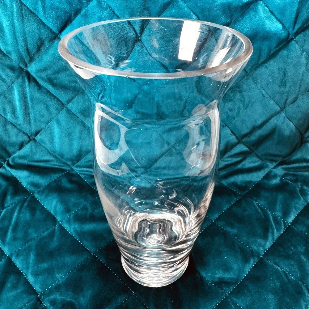 Vtg.‎ Heavy Art Glass Crystal Clear Vase Controlled Bubble Base MCM Flare Blown